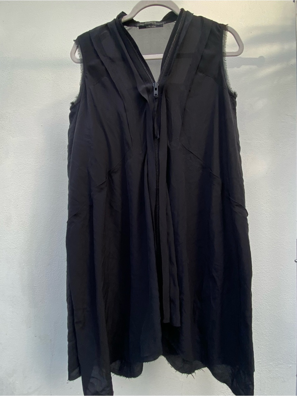 All Saints 100% Silk Black Distressed Asymmetrical Raw Edge Long Zipper Vest 4